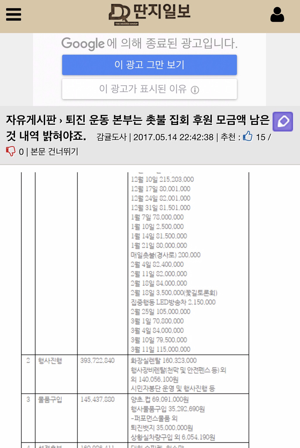  촛불집회 퇴진행동운동본부의 모금 사용내역이 3월말 이후는 아직 안올라왔다네요 | 인스티즈