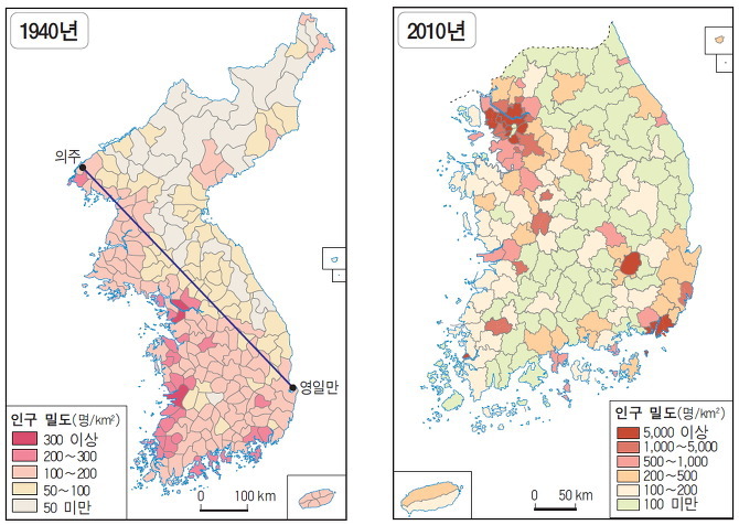 1940년과 2010년의 지역별 인구밀도 비교 | 인스티즈